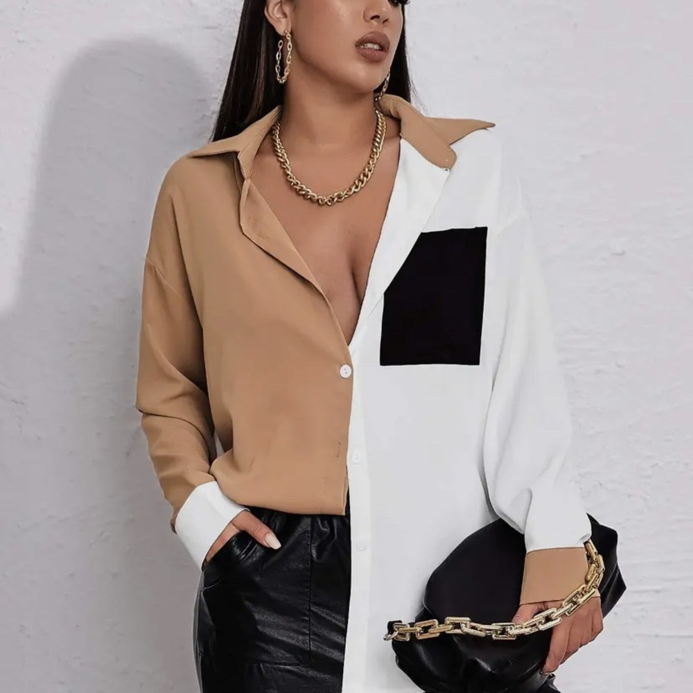 Two-Tone Tan and White Women's Top